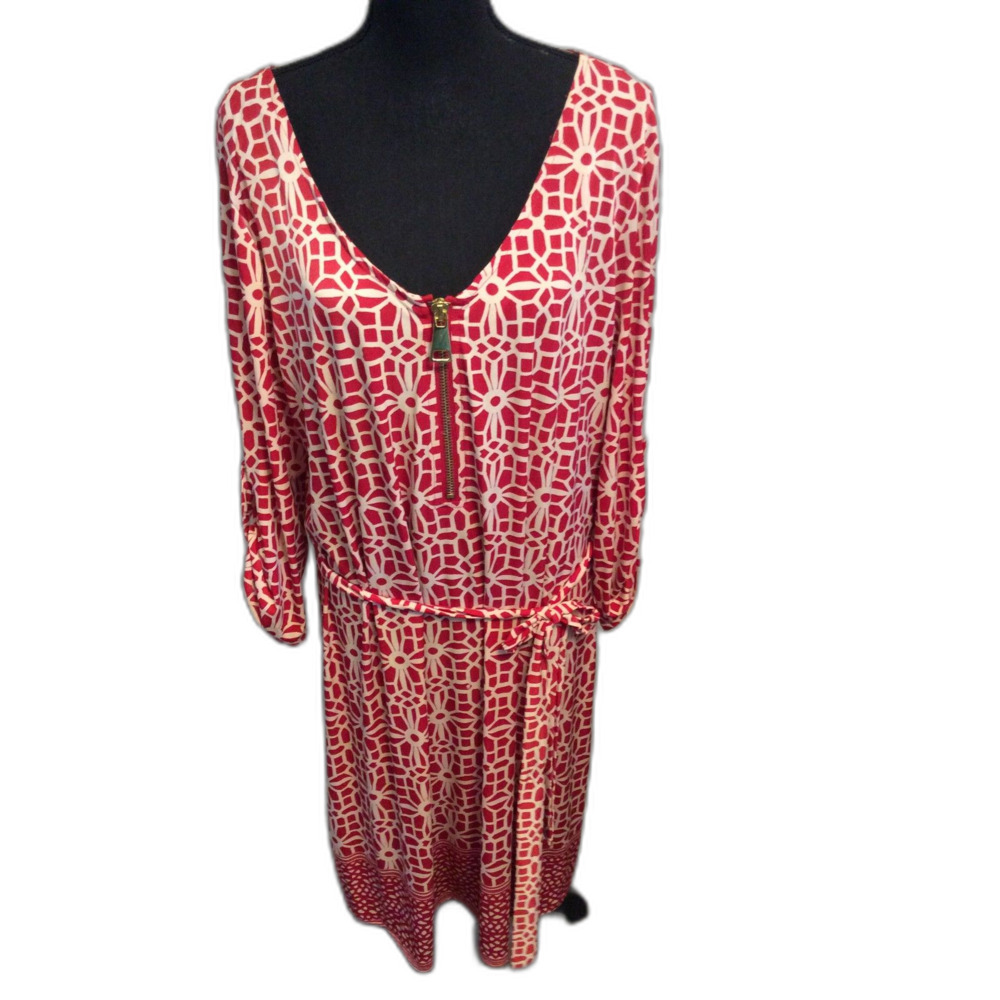 Tacera Red White Floral front zip Dress Plus size 2X VNC V Neck